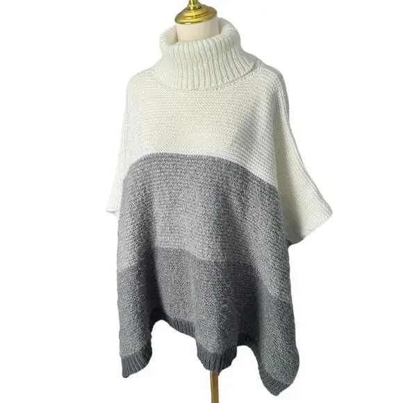 Vince Camuto Colorblock Turtleneck Sweater Grey White Poncho Shrug Thick Warm OS - Picture 4 of 16